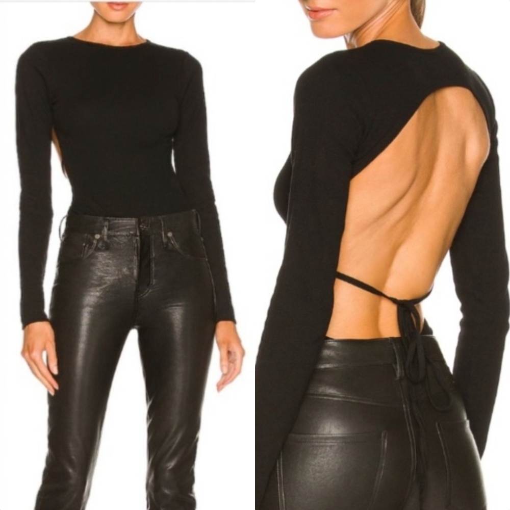 New OW Collection Stan Ribbed Open Back Long Sleeve Thong Bodysuit Top